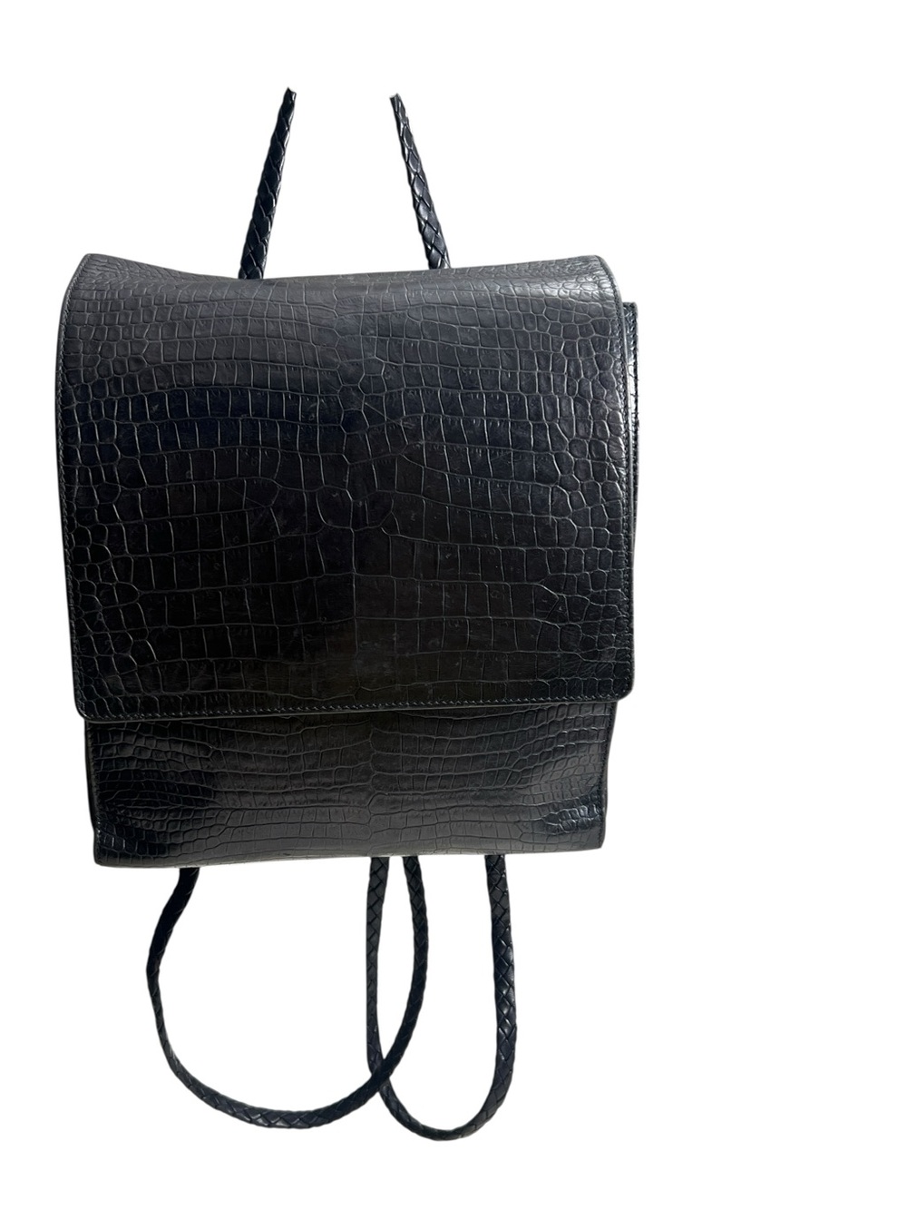 Bally Vintage Black Croc-Embossed Leather Backpack with Braided Straps